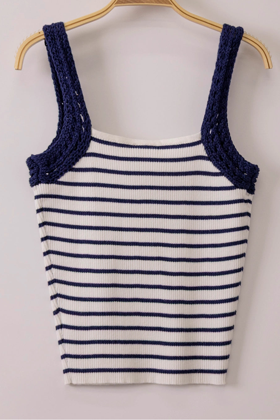 Striped knit tank top with crochet sleeve detail in fitted silhouette available in multiple colors