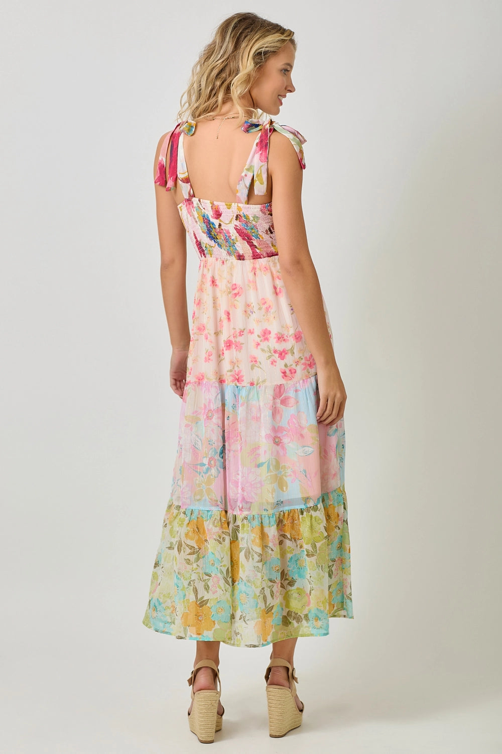 Rose mix tiered midi dress with smocked bodice, sweetheart neckline, ruffled straps, and flowing skirt