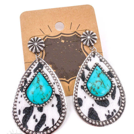 Teardrop with Turquoise Stone (Cow Print)