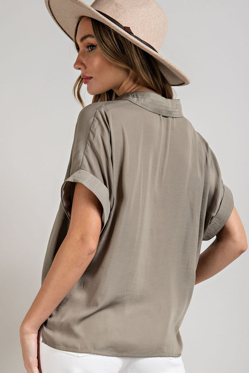 Sage green short sleeve button down blouse top with collar and pocket β Easy Breezy Button Down Top from Frost Impressions Boutique.