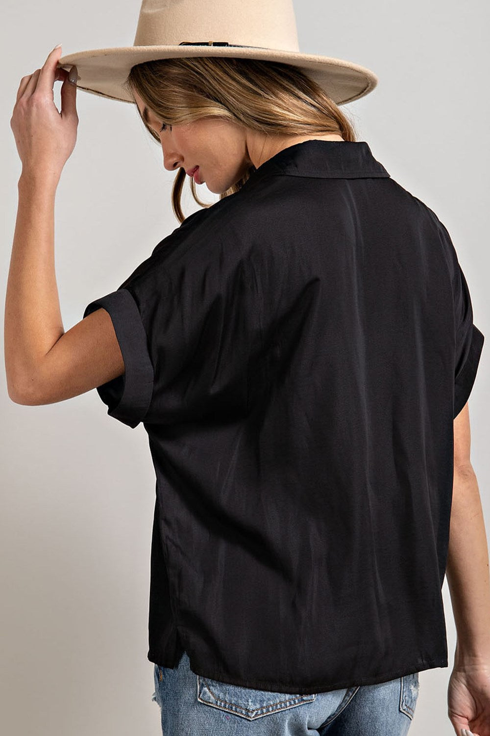 Black short sleeve button down blouse top with collar and pocket — Easy Breezy Button Down Top from Frost Impressions Boutique.