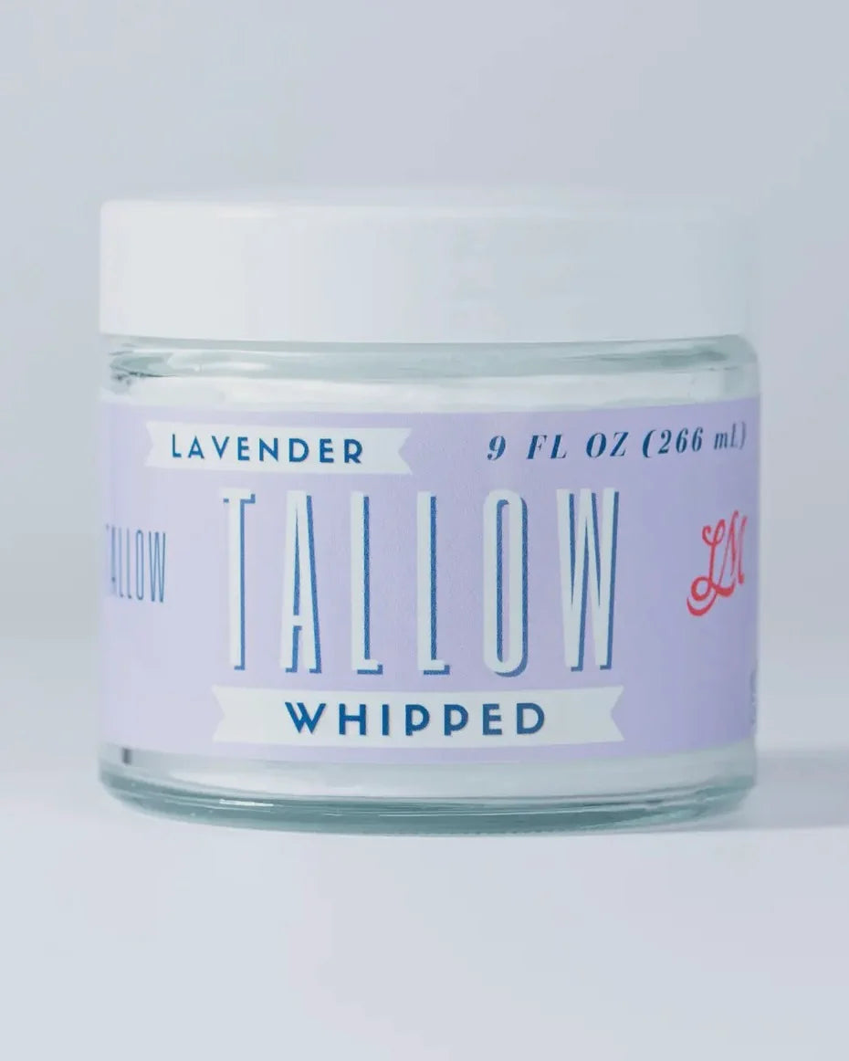 Lavender Whipped Tallow โ 9oz jar of all-natural, grass-fed beef tallow moisturizer infused with lavender, available at Frost Impressions Boutique in Wapakoneta, Ohio.