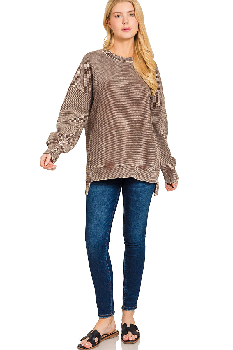 Chocolate acid-washed double ribbed hi-low pullover — Cocoa Crush Pullover from Frost Impressions Boutique.