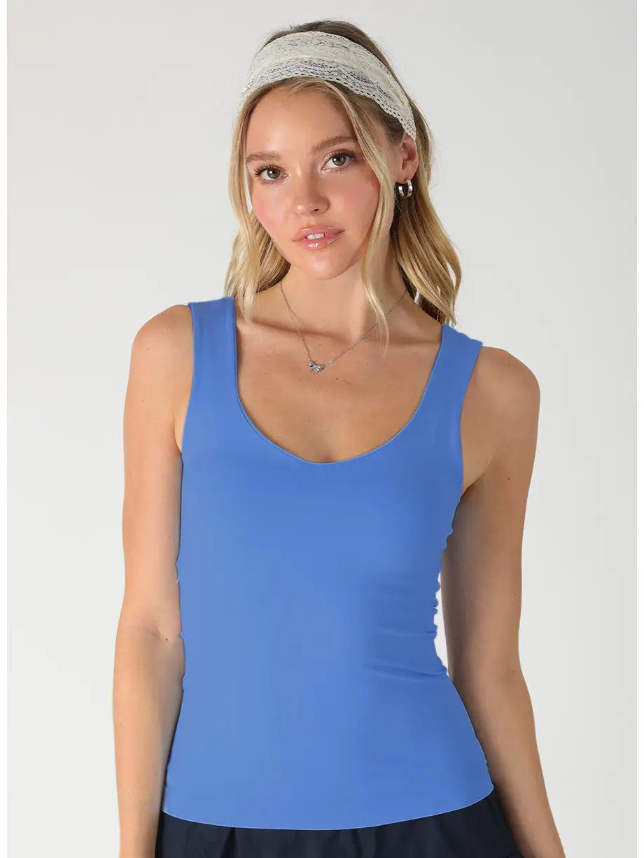 Marina blue sweetheart neckline seamless fitted tank top with soft stretch fabric