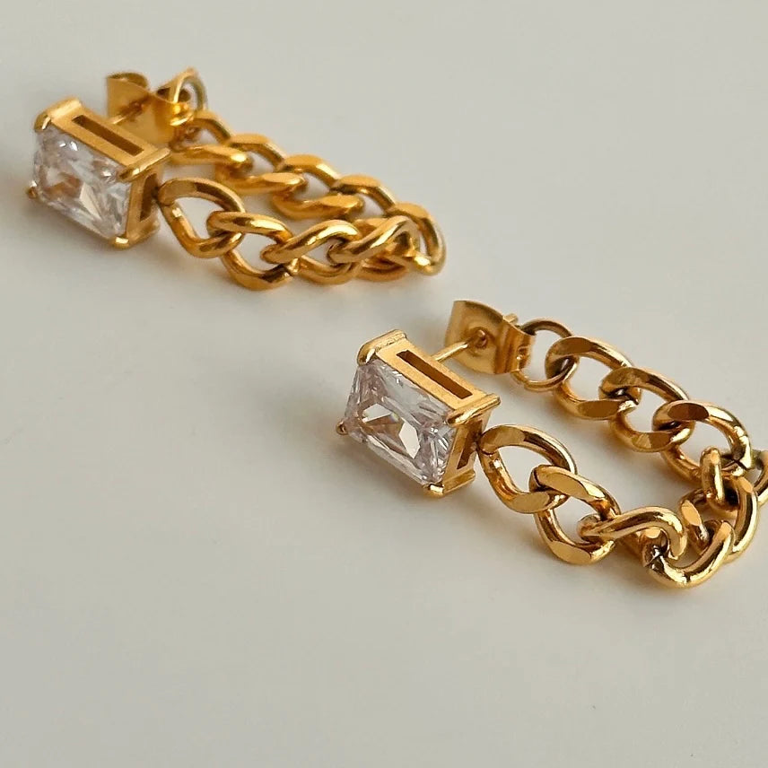 Diamond Chain Earrings — 18k gold plated stainless steel water-resistant chain drop earrings with diamond accents, available at Frost Impressions Boutique in Wapakoneta, Ohio.