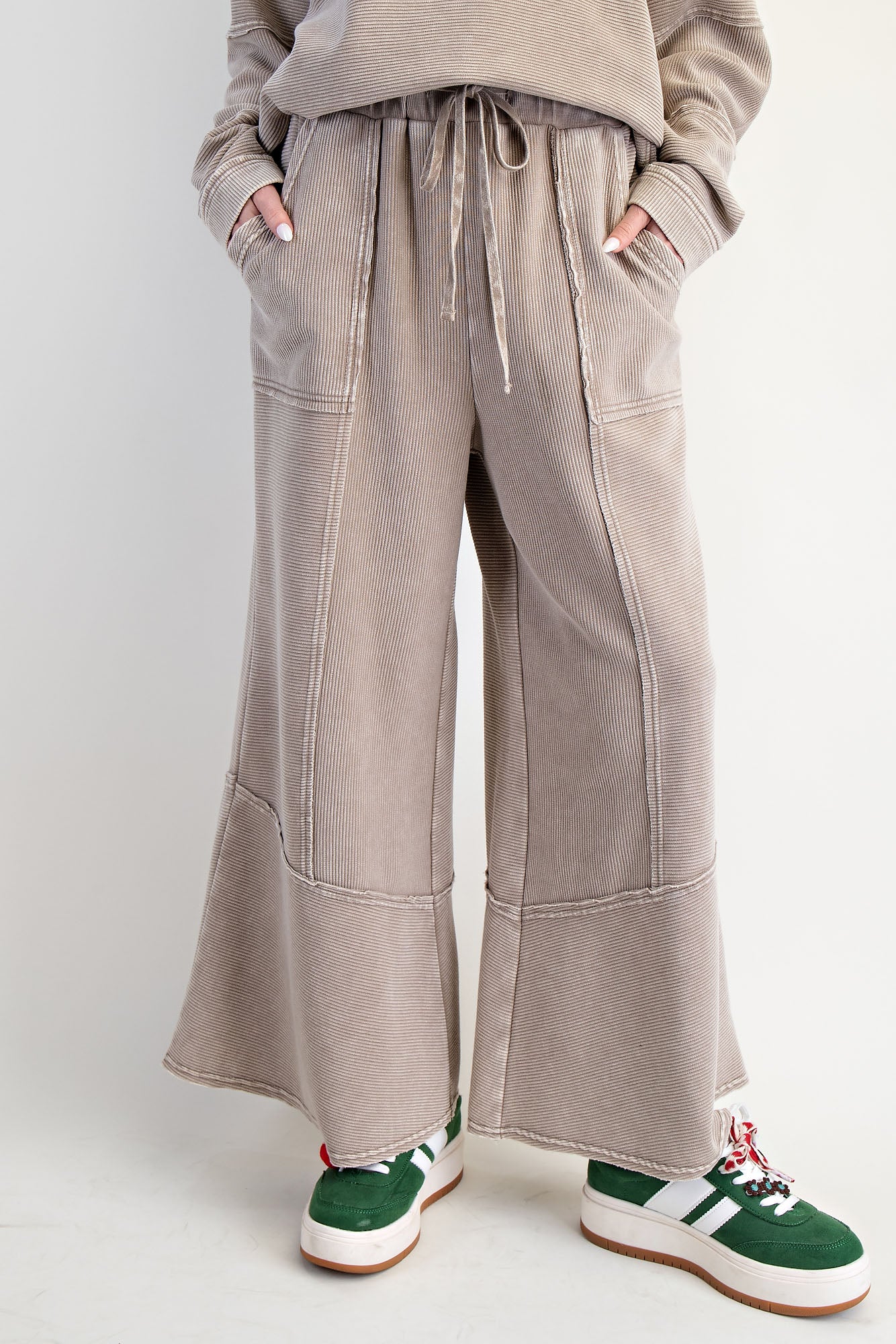 Light mocha textured thermal washed lounge set with collared pullover and bell-bottom pants — The Sunday Set (Lt Mocha) from Frost Impressions Boutique.