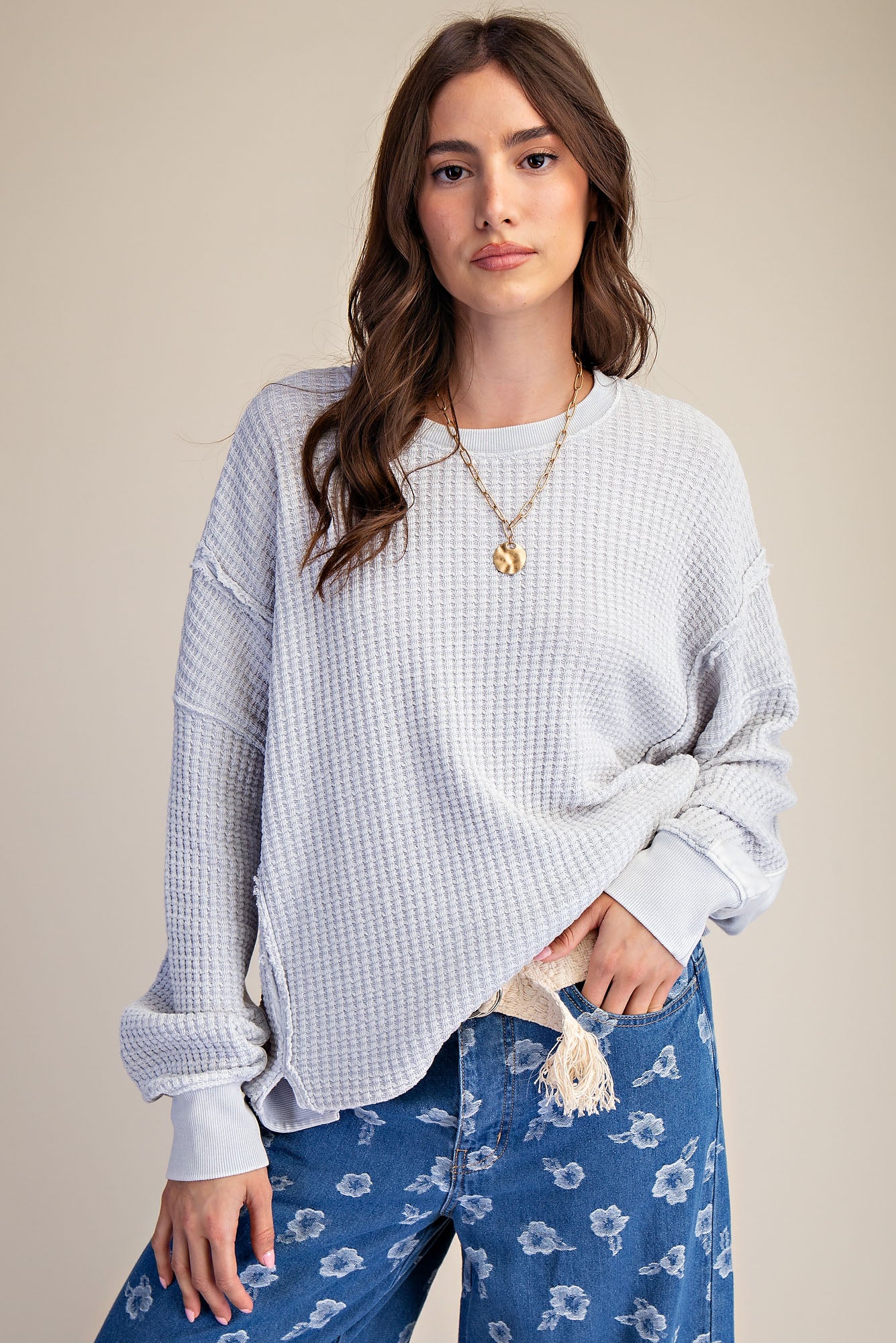 Cloud mineral washed thermal pullover with side slits, ribbed cuffs and hem β Cloud Lane Thermal Pullover from Frost Impressions Boutique.