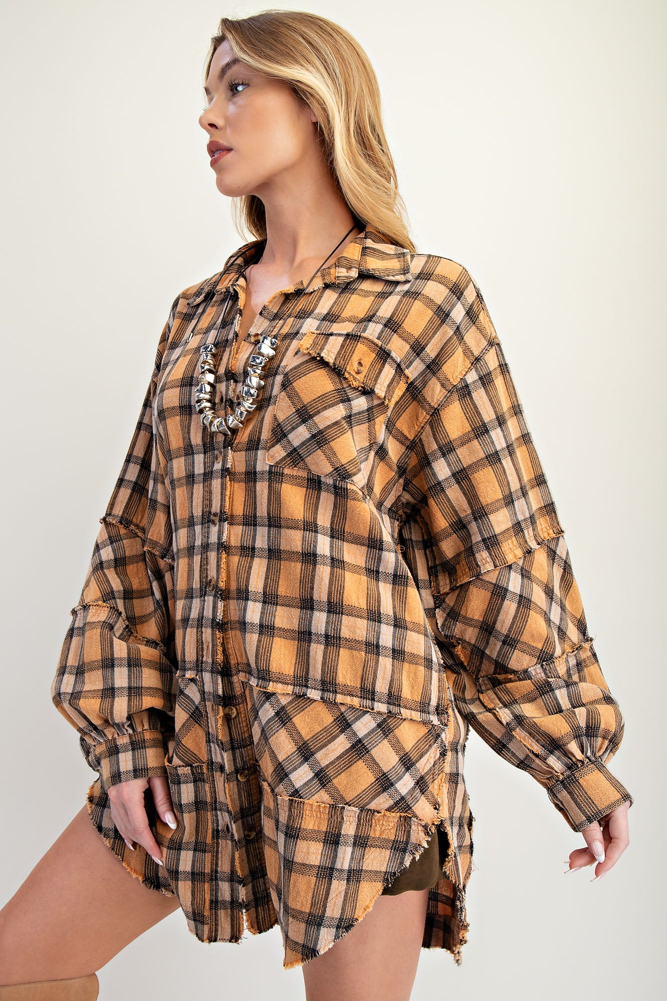 Camel mineral washed oversized plaid tunic flannel with distressed hem and front chest pocket — Camel Tunic Flannel from Frost Impressions Boutique.
