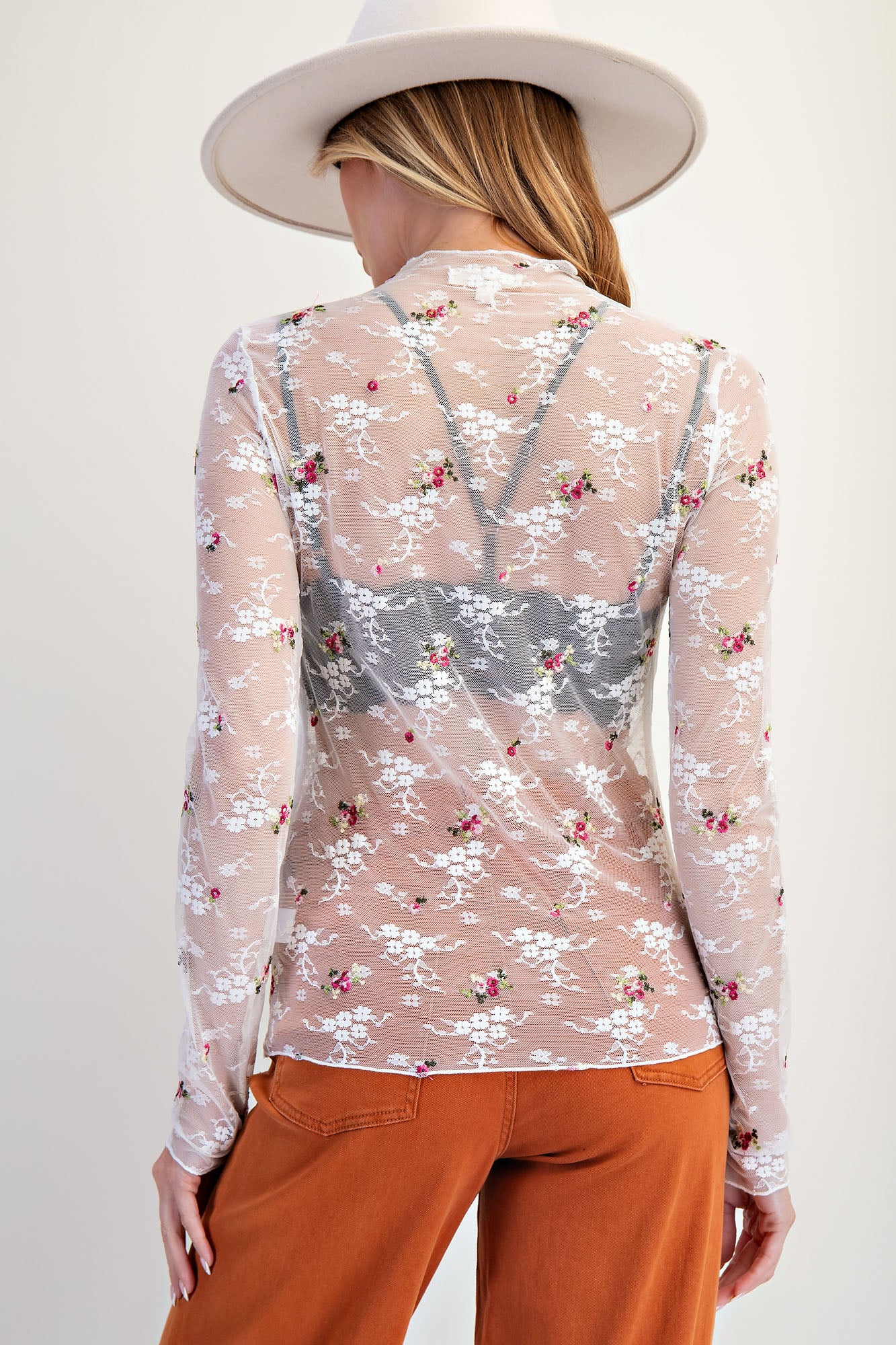 White floral embroidery mesh top with mock neckline and fitted silhouette β Luna Lace Mesh Top (White) from Frost Impressions Boutique.