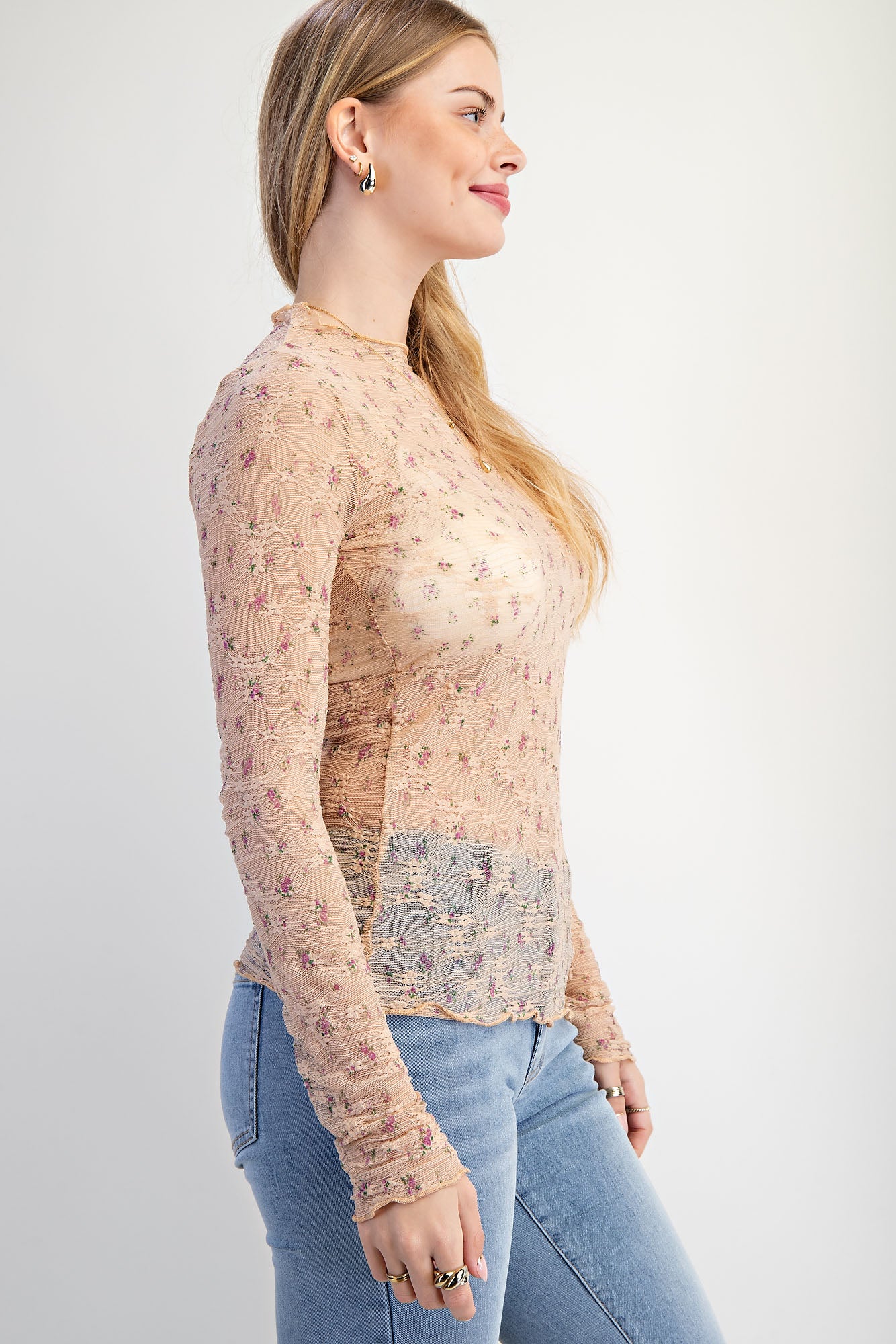 Natural ditsy floral printed lace mesh top with mock neckline and ruched sides — Meadow Lace Mesh Top (Natural) from Frost Impressions Boutique.