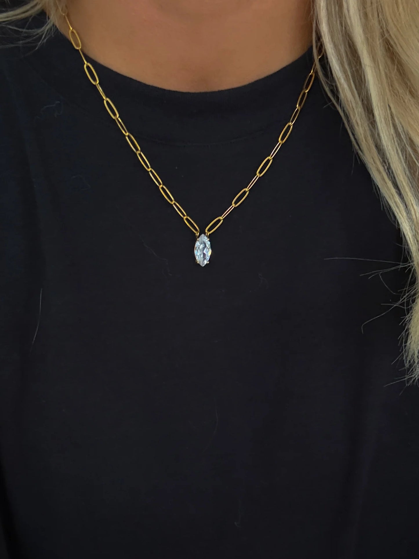 Gold + Diamond Pendant Necklace β 18k gold plated stainless steel water-resistant necklace with diamond pendant, available at Frost Impressions Boutique in Wapakoneta, Ohio.