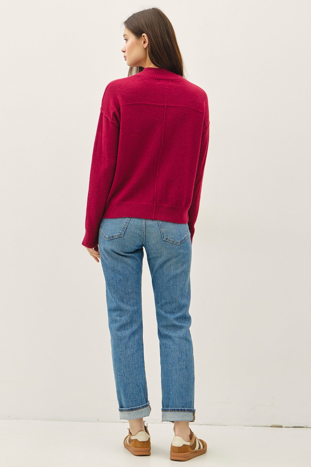 Poppy red mock neck cropped pullover sweater with raised seam detailing and drop shoulders — Poppy Lane Highneck Sweater from Frost Impressions Boutique.