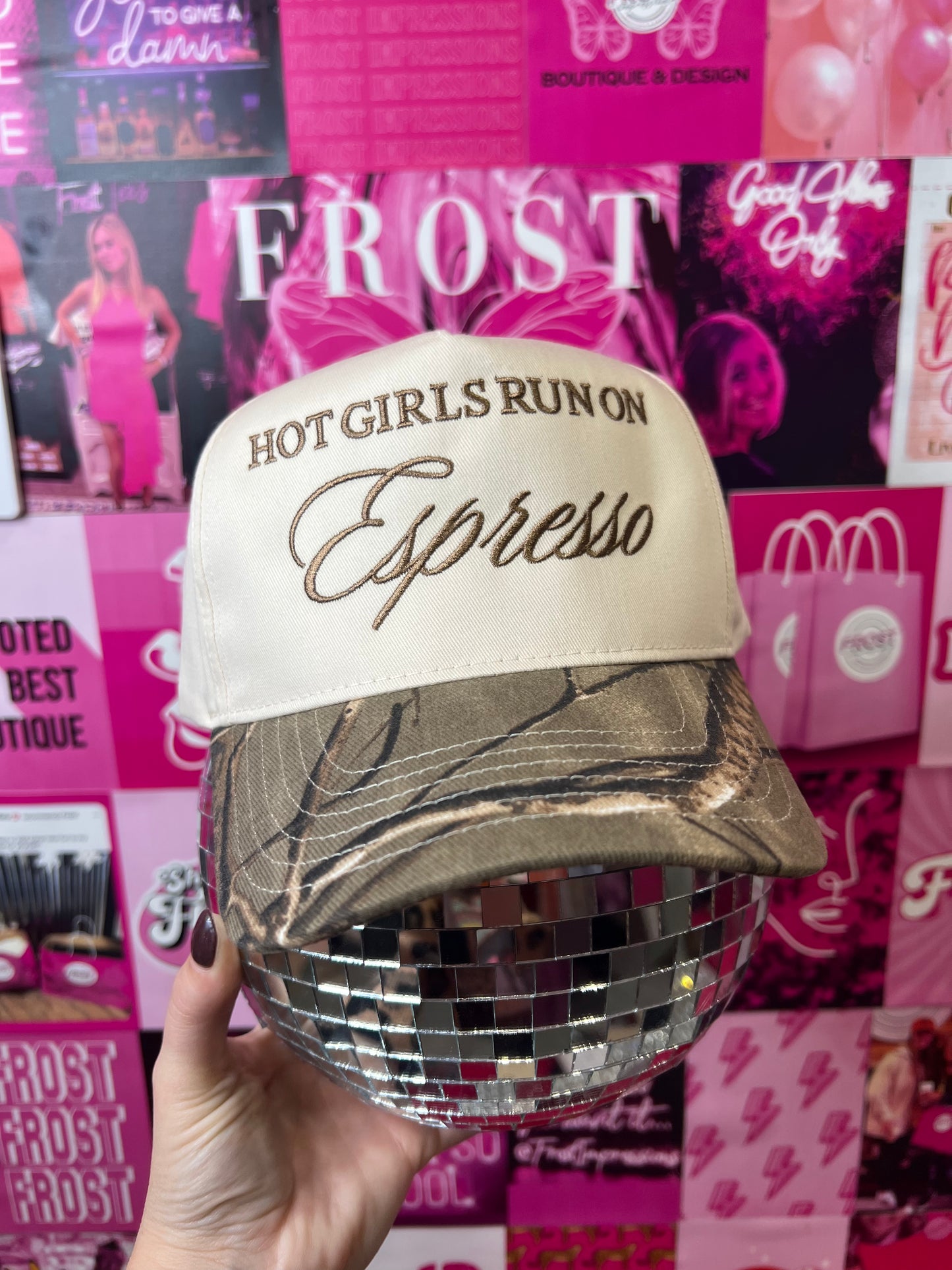 Neutral camo print trucker hat with “Hot Girls Run On Espresso” text — Hot Girls Run On Espresso Hat from Frost Impressions Boutique.