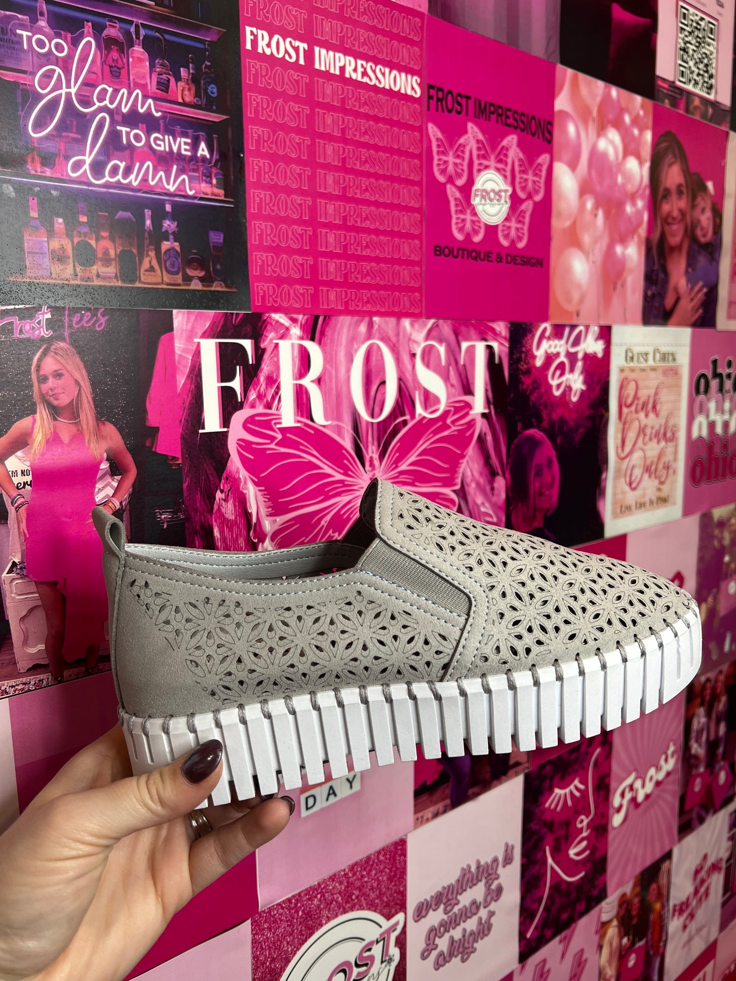 Gray laser-cut faux suede slip-on shoe β Nicole Slip-On Shoe (Gray) by Very G from Frost Impressions Boutique in Wapakoneta, Ohio.