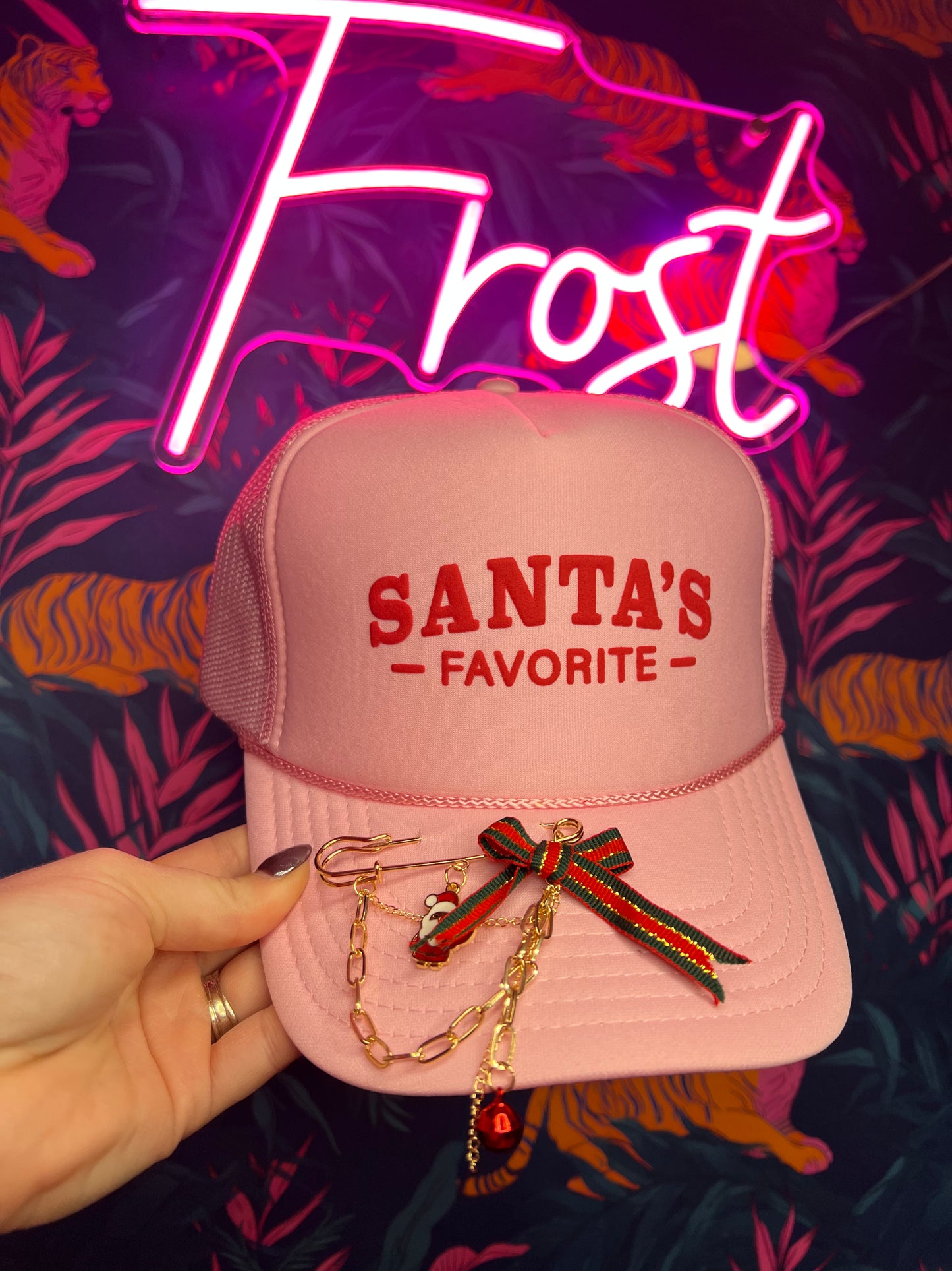 Santa’s Favorite Light Pink Trucker Hat — festive holiday hat with blush foam front and mesh back from Frost Impressions Boutique in Wapakoneta, Ohio.