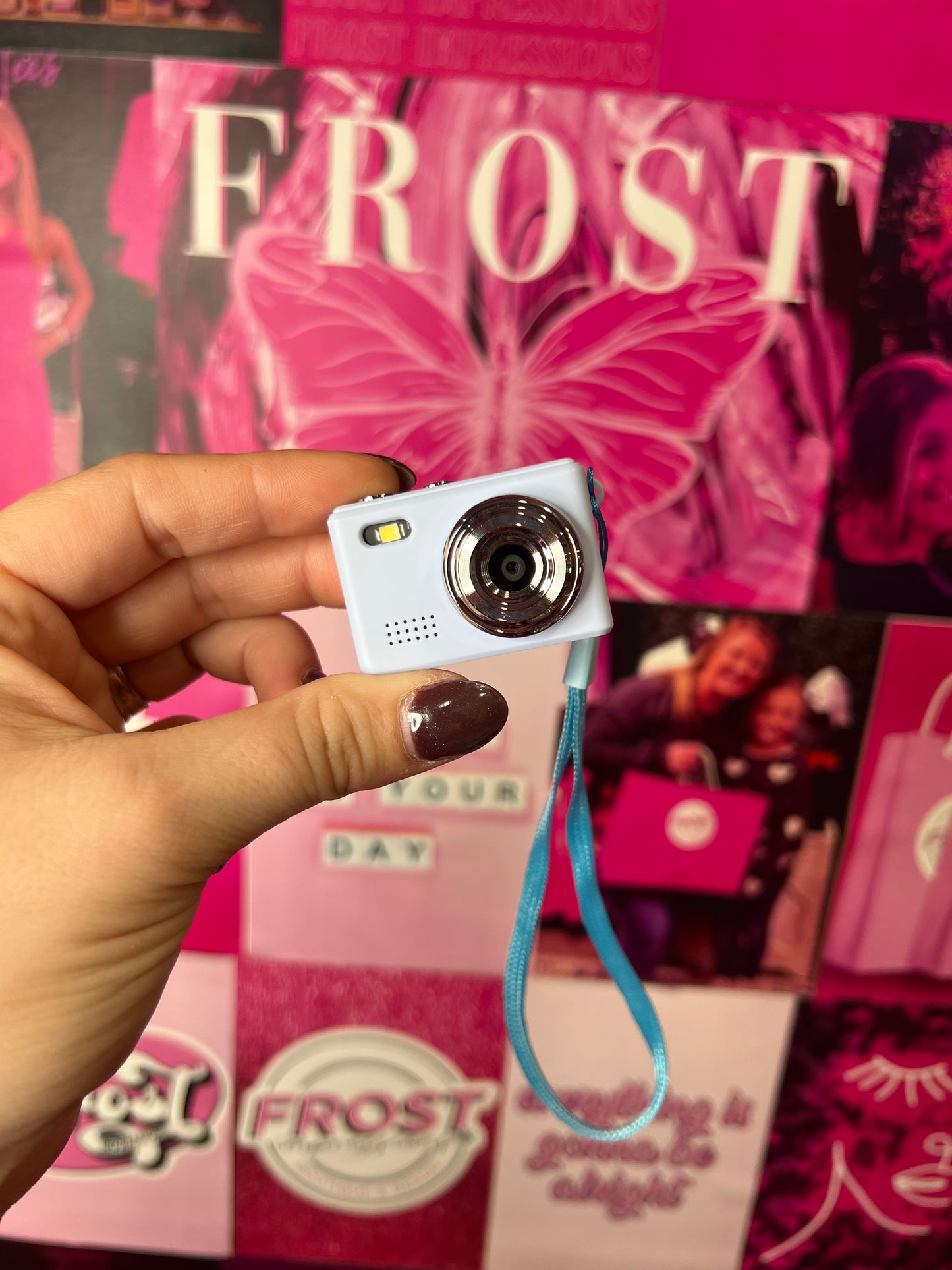 Mini Keychain Digital Camera Collection — multiple colors including Rose Gold, Silver, Lime, Baby Blue, White, Black, Black Vintage, and Brown Vintage — available at Frost Impressions Boutique in Wapakoneta, Ohio.