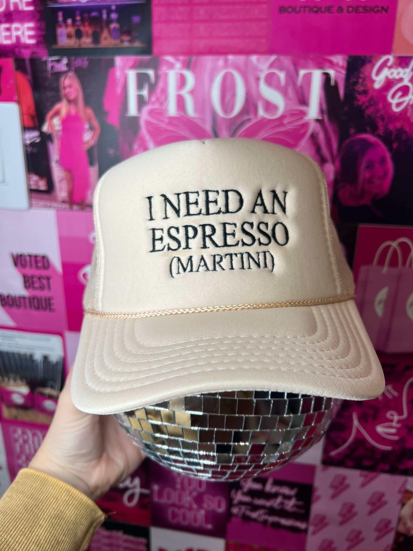 Embroidered Otto trucker hat with “I Need an Espresso (Martini)” design — trendy boutique hat from Frost Impressions Boutique in Wapakoneta, Ohio.