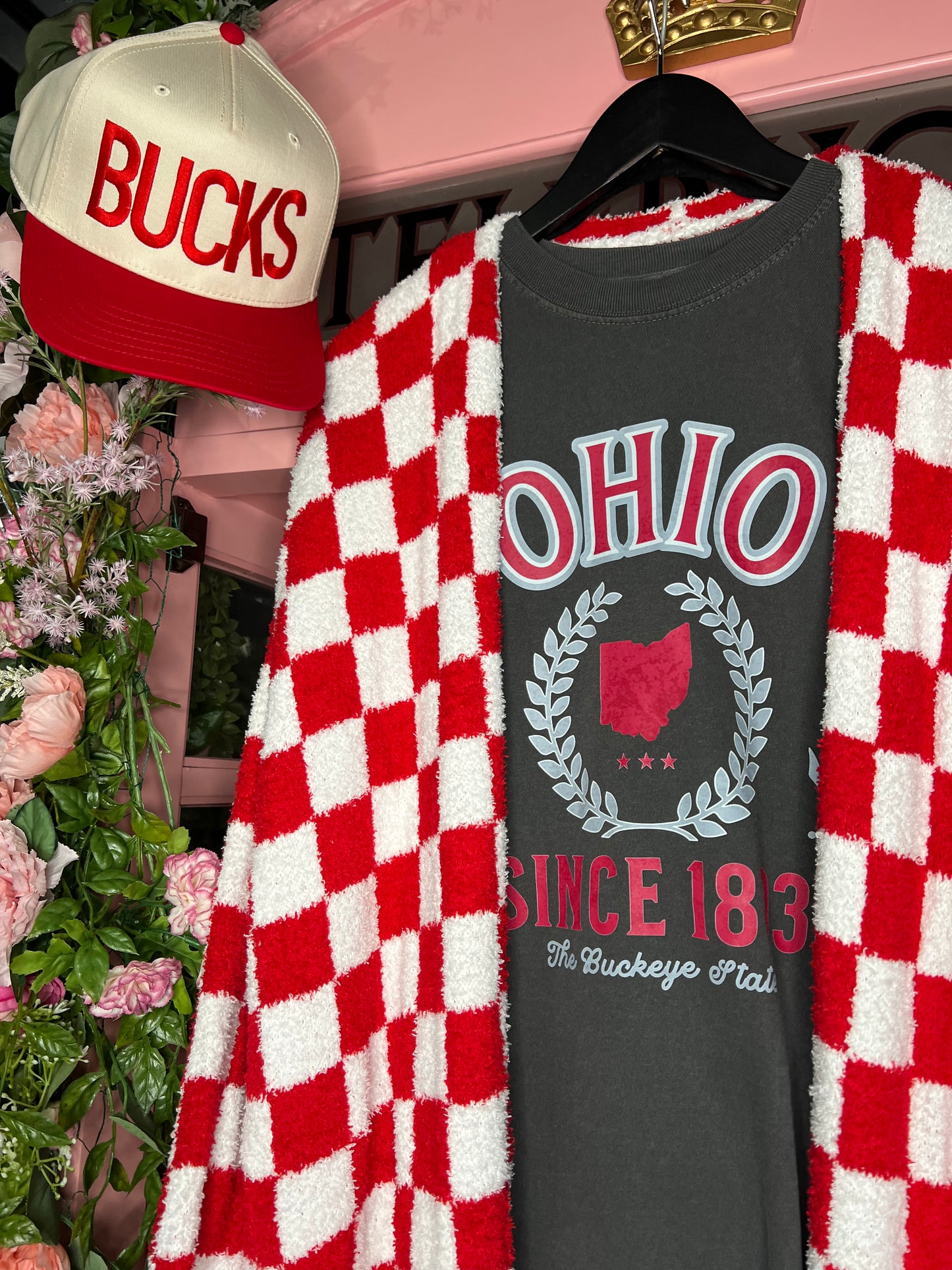 Charcoal oversized OHIO graphic tee styled with a cardigan and hat β boutique gameday outfit from Frost Impressions Boutique in Wapakoneta, Ohio.