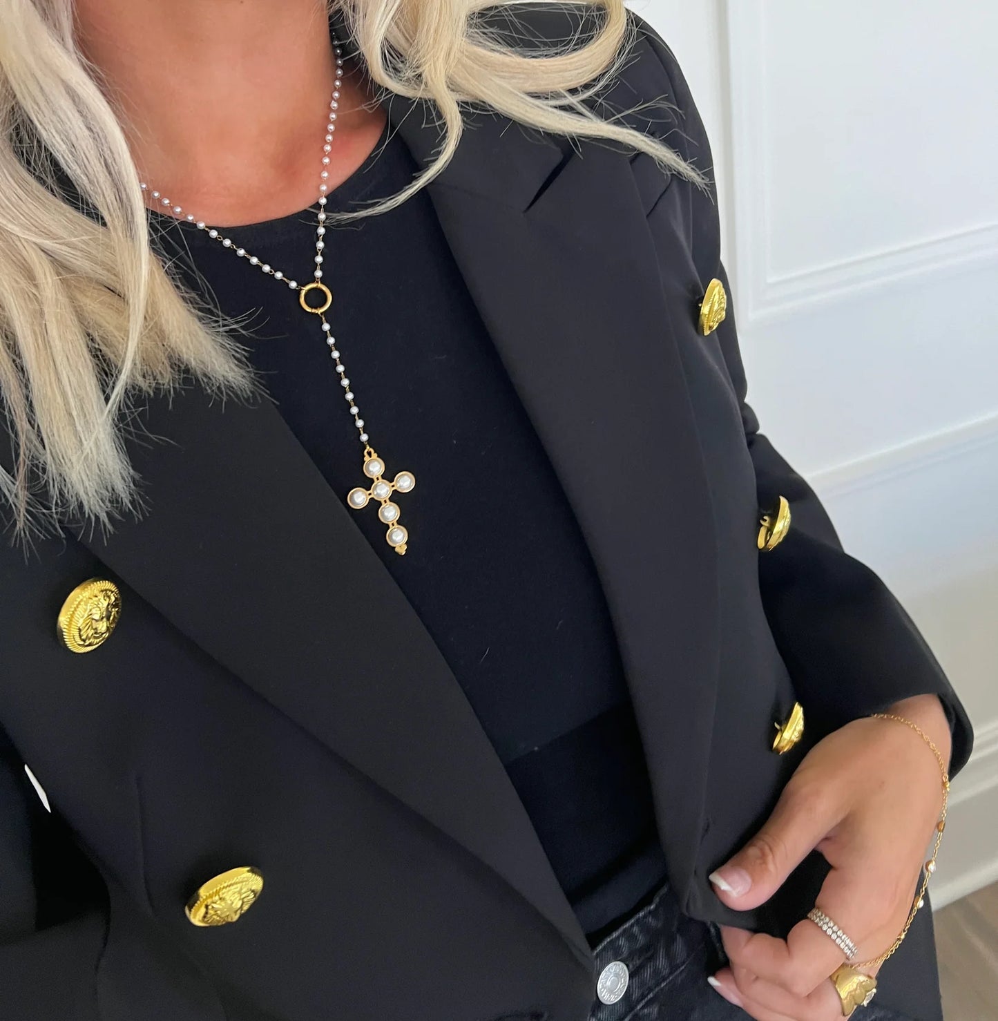 Lariat Pearl Cross Necklace β 18k gold plated stainless steel water-resistant necklace with pearl and cross pendant, available at Frost Impressions Boutique in Wapakoneta, Ohio.