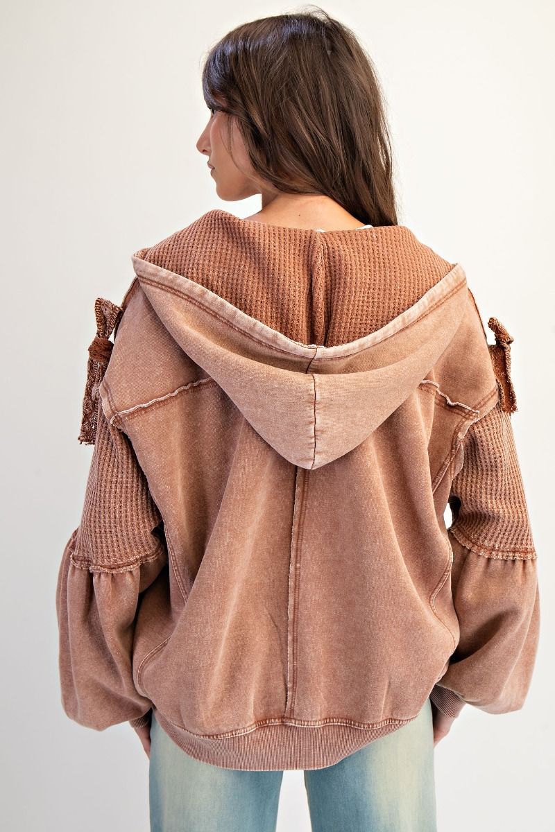 Mocha Maven Zip Up hoodie in mocha brown — mineral washed terry knit zip up with waffle contrast panels and tie sleeve details.