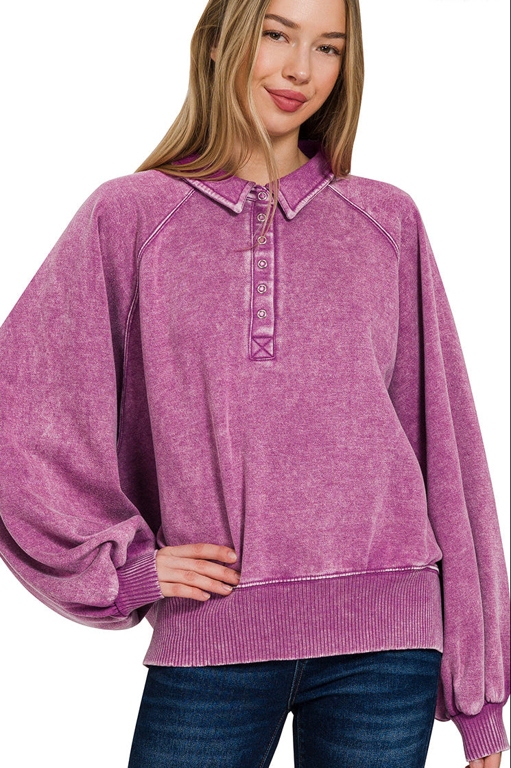 Light plum acid wash fleece button-up collared pullover — Plum Crush Pullover from Frost Impressions Boutique.