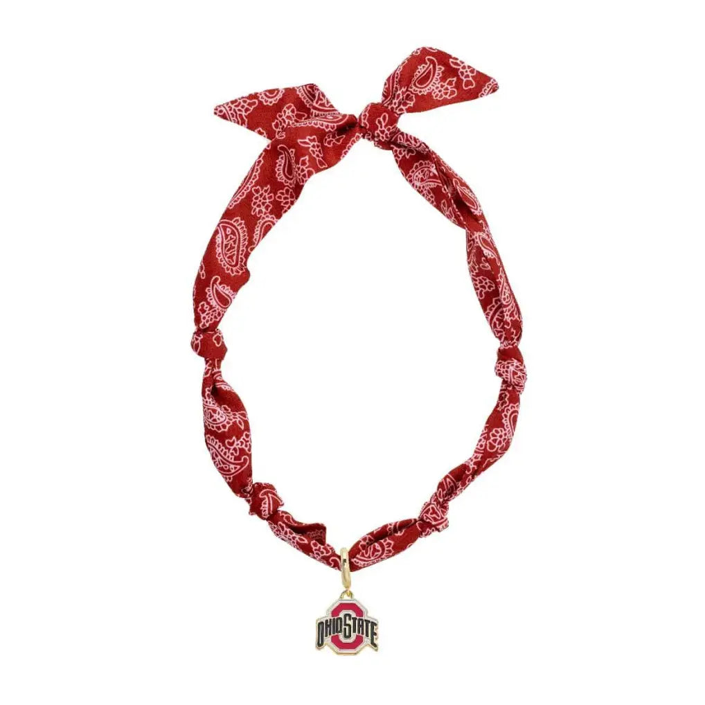 Ohio State Scarf Necklace β red and gray Buckeye-inspired scarf necklace with a bold, preppy game day twist, available at Frost Impressions Boutique in Wapakoneta, Ohio.