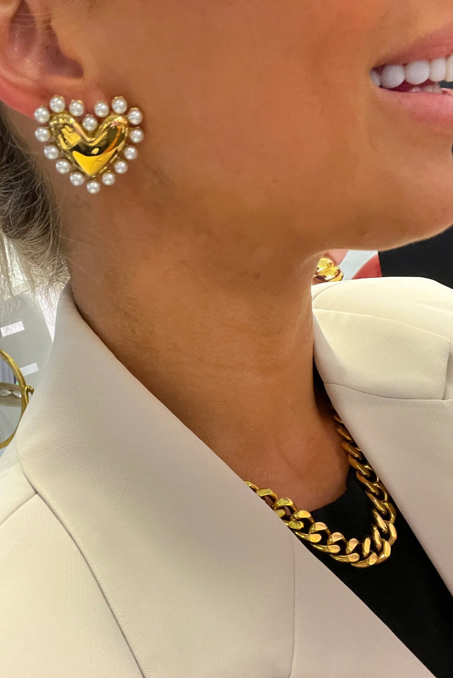 Pearl Heart Earrings (Gold) — 18k gold plated stainless steel water-resistant earrings with pearl heart detail, available at Frost Impressions Boutique in Wapakoneta, Ohio.