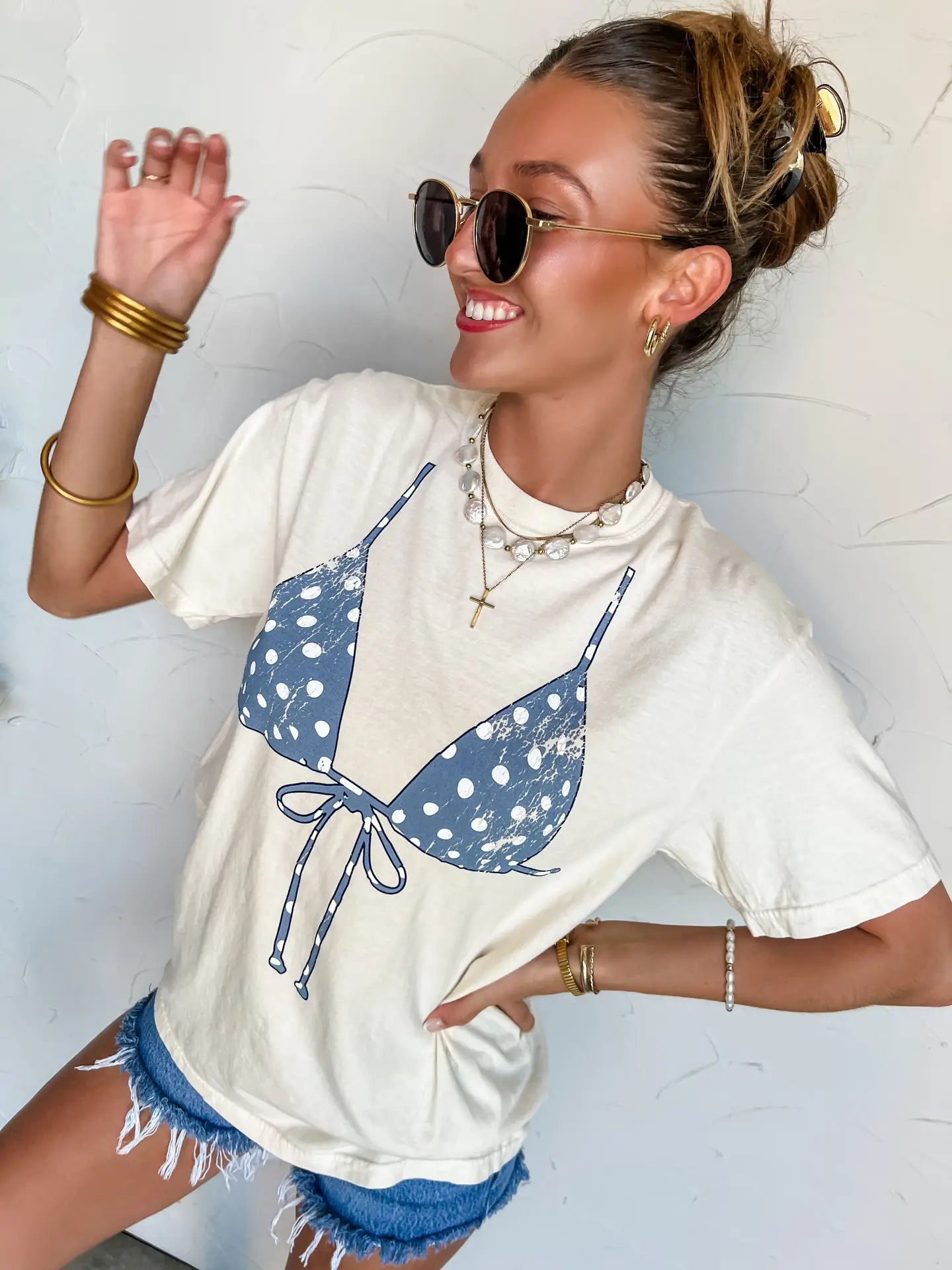 Ivory Comfort Colors graphic tee with polka dot bikini top design and relaxed fit