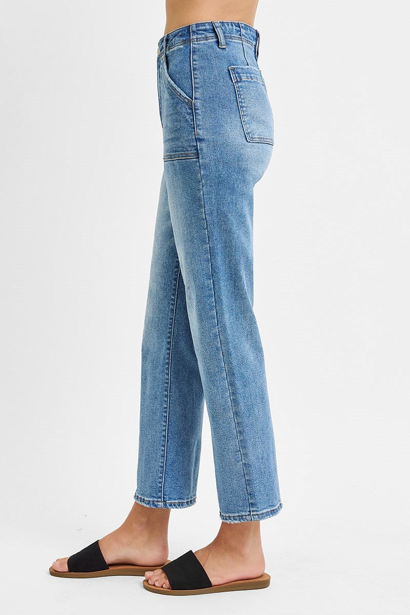 High rise ankle flare jeans with patch pockets, fitted through the thigh and flared leg in a classic denim wash
