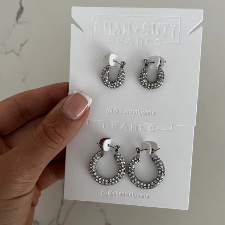 Silver Diamond Hoops (Small) β silver stainless steel water-resistant hoop earrings with diamond accents, available at Frost Impressions Boutique in Wapakoneta, Ohio.