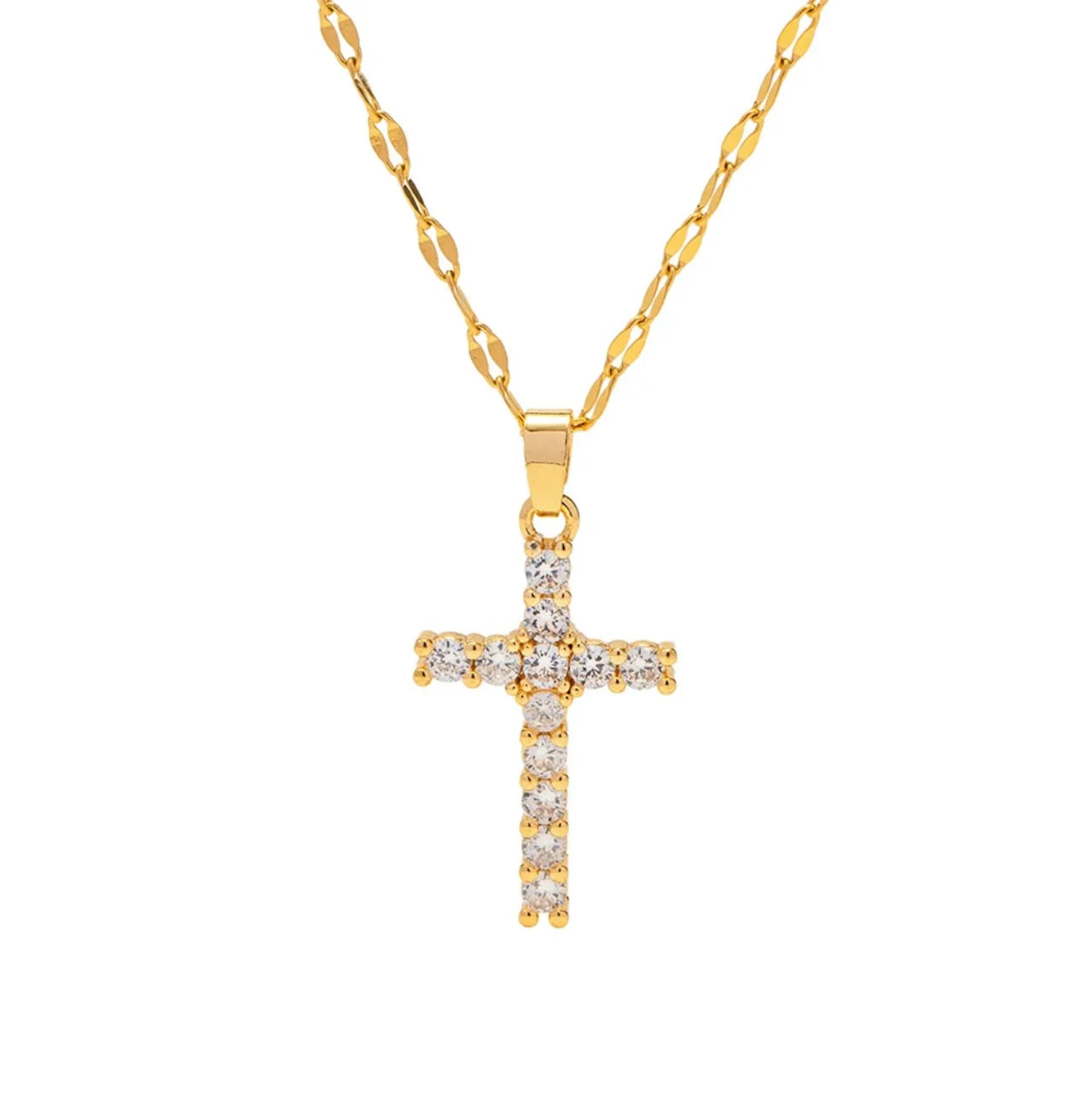 Sparkle Cross Necklace — 18k gold plated stainless steel 15–18 inch adjustable water-resistant cross pendant necklace, available at Frost Impressions Boutique in Wapakoneta, Ohio.