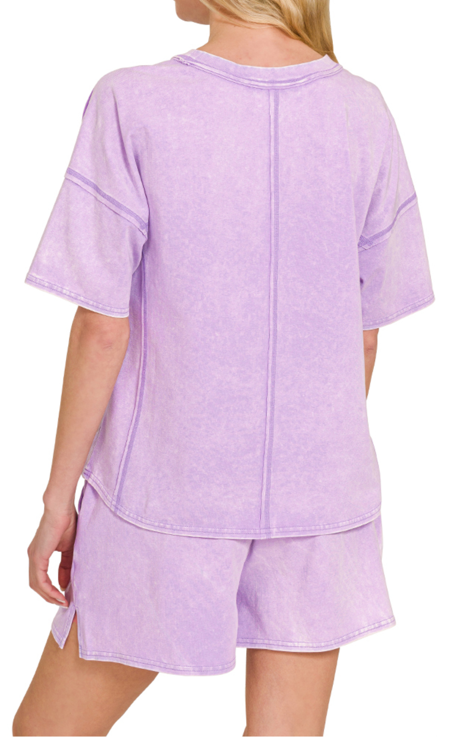 Acid wash lounge set with short sleeve tee and elastic waistband shorts in pink, mango, and violet color mixes