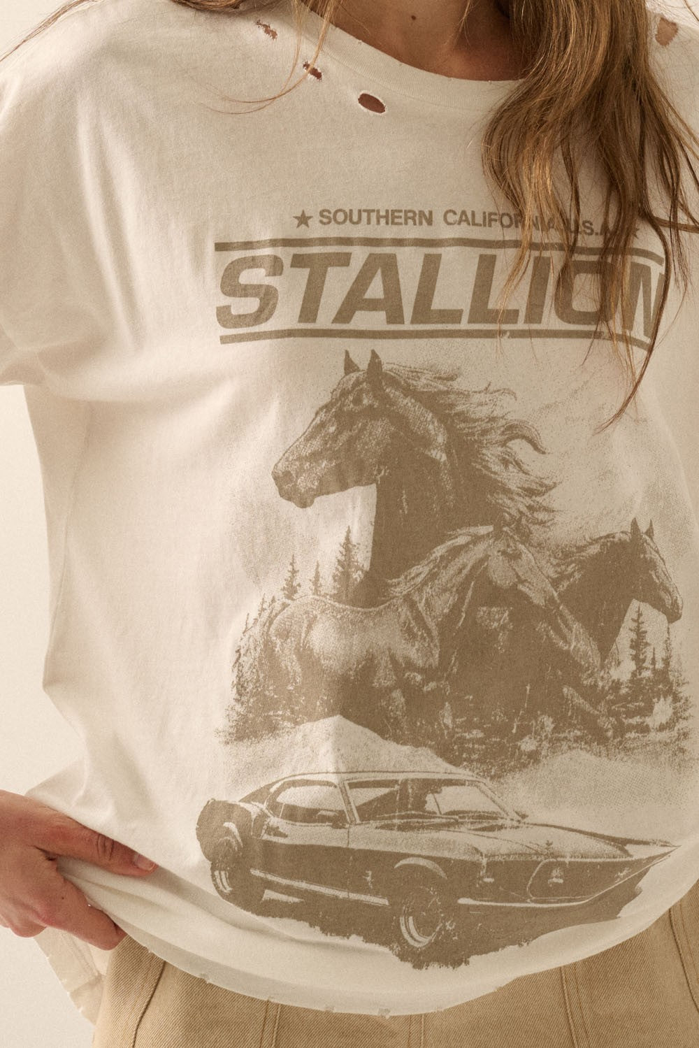 Stallion Tee — vintage Southern California stallion graphic tee with distressed details from Frost Impressions Boutique in Wapakoneta, Ohio.