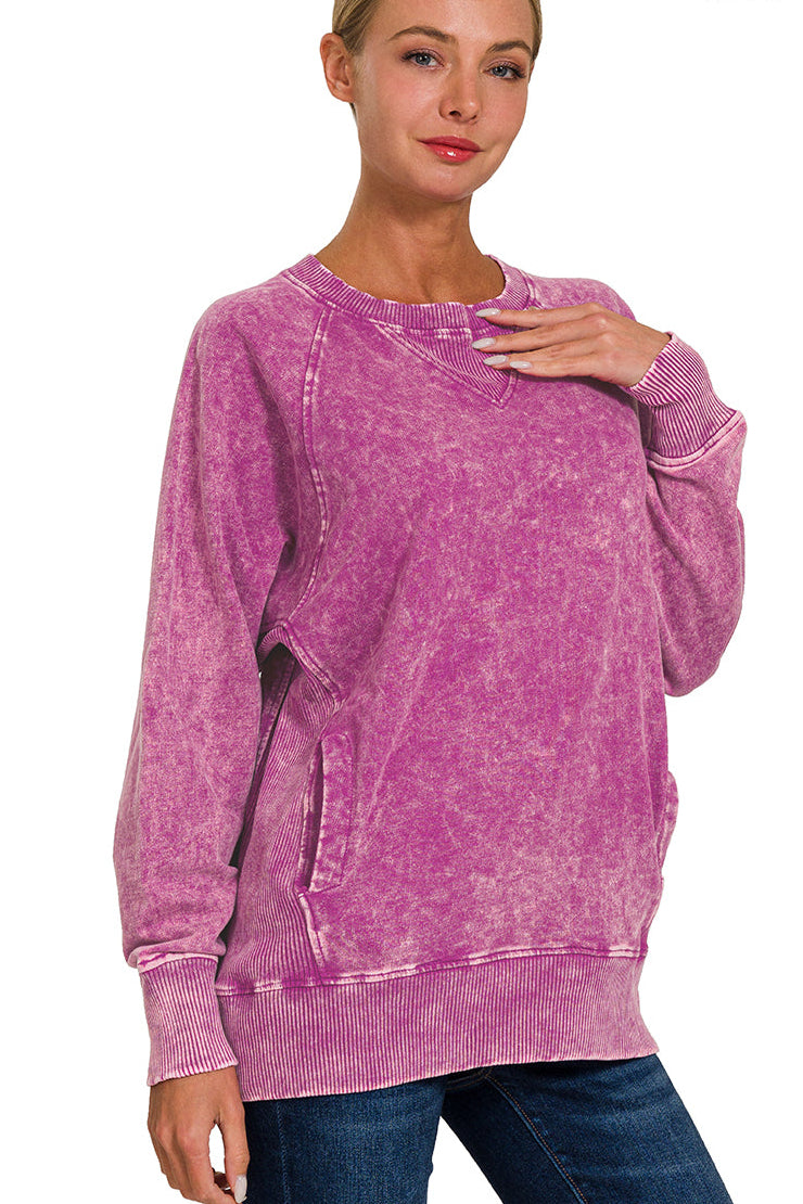 Plum acid-washed French terry pullover with pockets — Plum Perfect Terry Pullover from Frost Impressions Boutique.