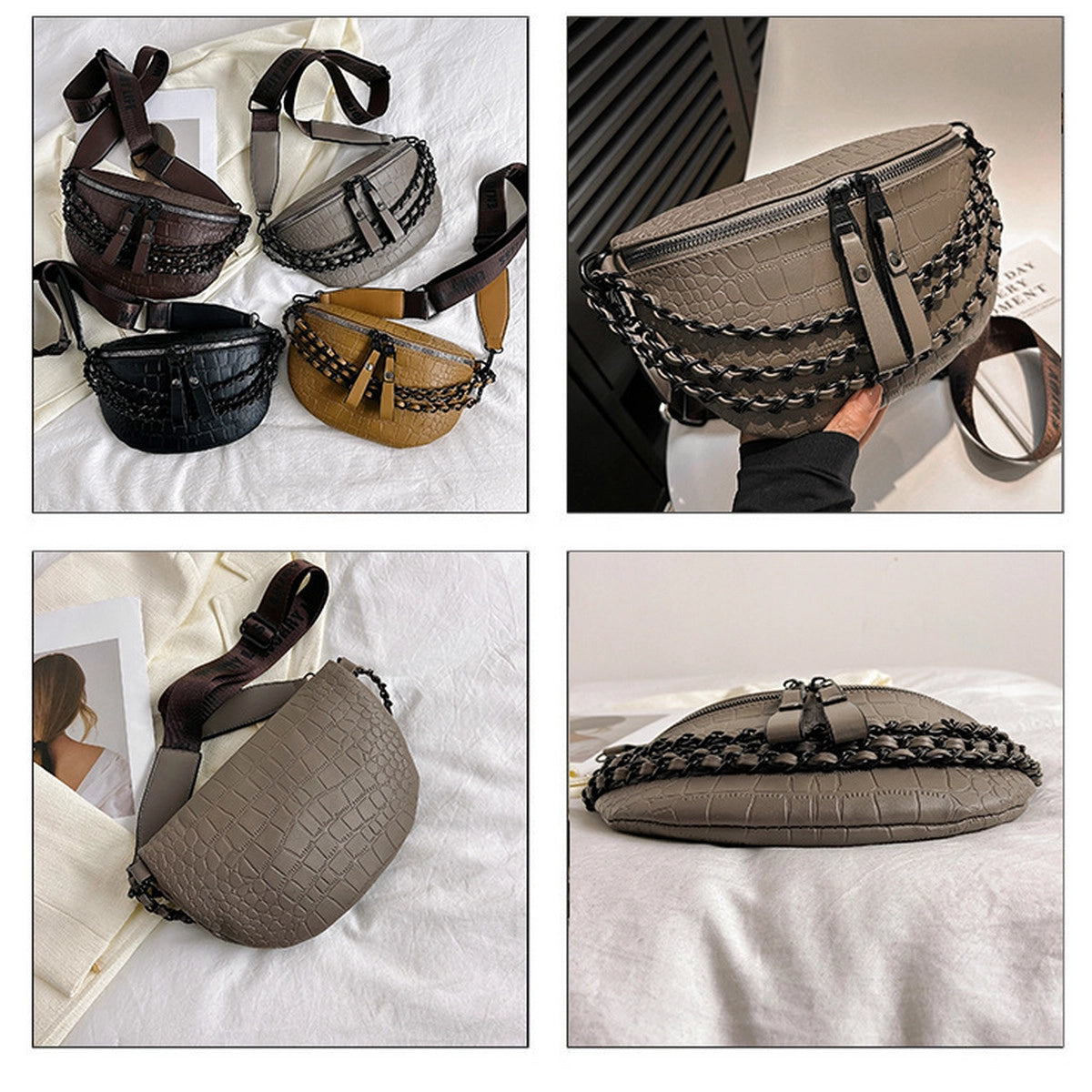 Vivi Chain Crossbody Sling in grey β minimalist vegan-leather bag with gold chain strap from Frost Impressions Boutique in Wapakoneta, Ohio.