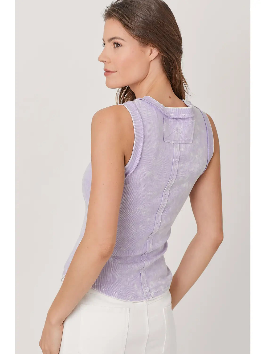 Washed ribbed tank top with hi-lo hem, round neck, and fitted everyday style in multiple colors