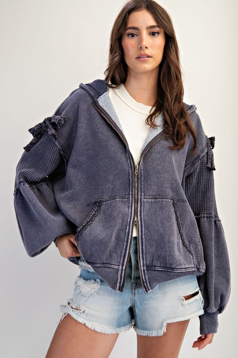 Clara Bow Tie Zip Up washed terry knit hoodie jacket with mineral wash finish, waffle knit contrast panels, and tie sleeve details.