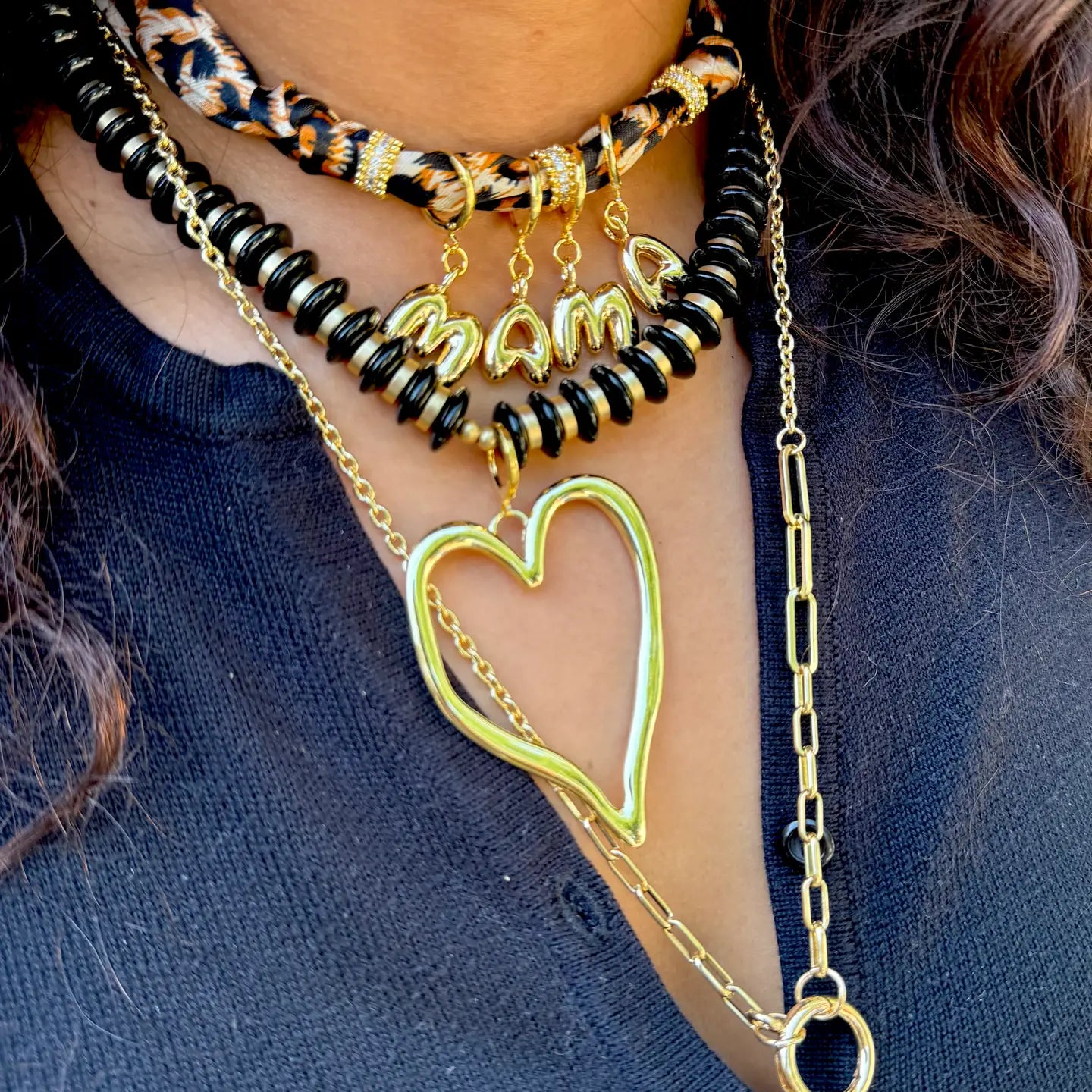 Mama Bubble Letter Scarf Necklace — neutral satin scarf necklace with 18K gold plated bubble letters and CZ accents from Frost Impressions Boutique in Wapakoneta, Ohio.