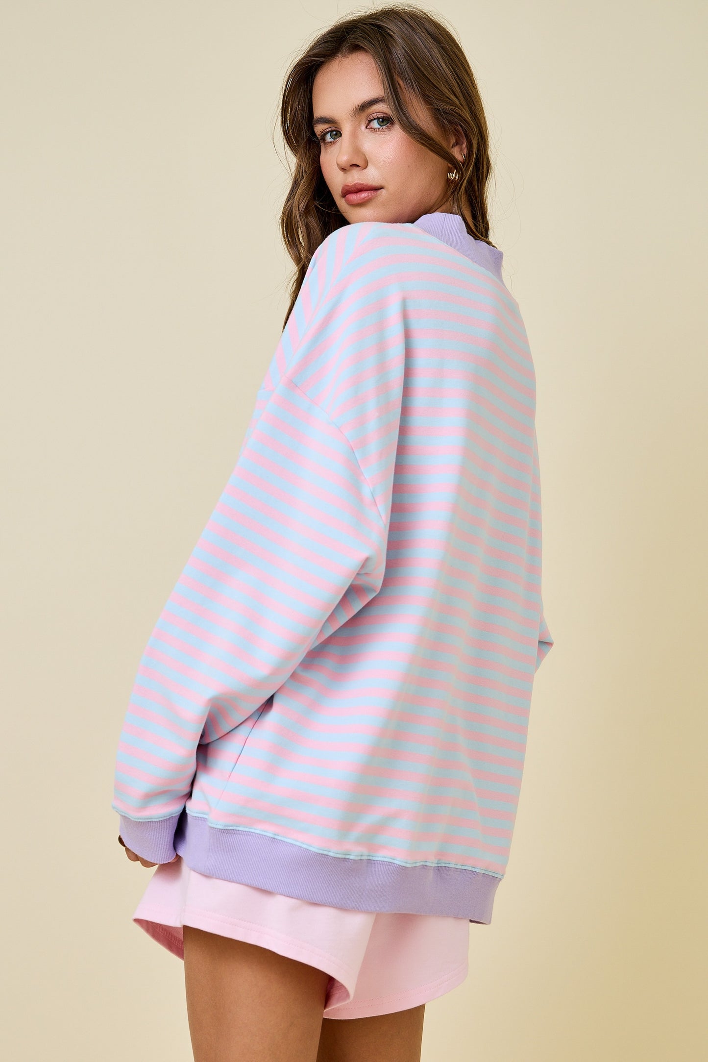 Mock neck striped terry lounge sweatshirt from Annie Frost boutique in Wapakoneta Ohio, trendy colorful women’s comfy sweatshirt