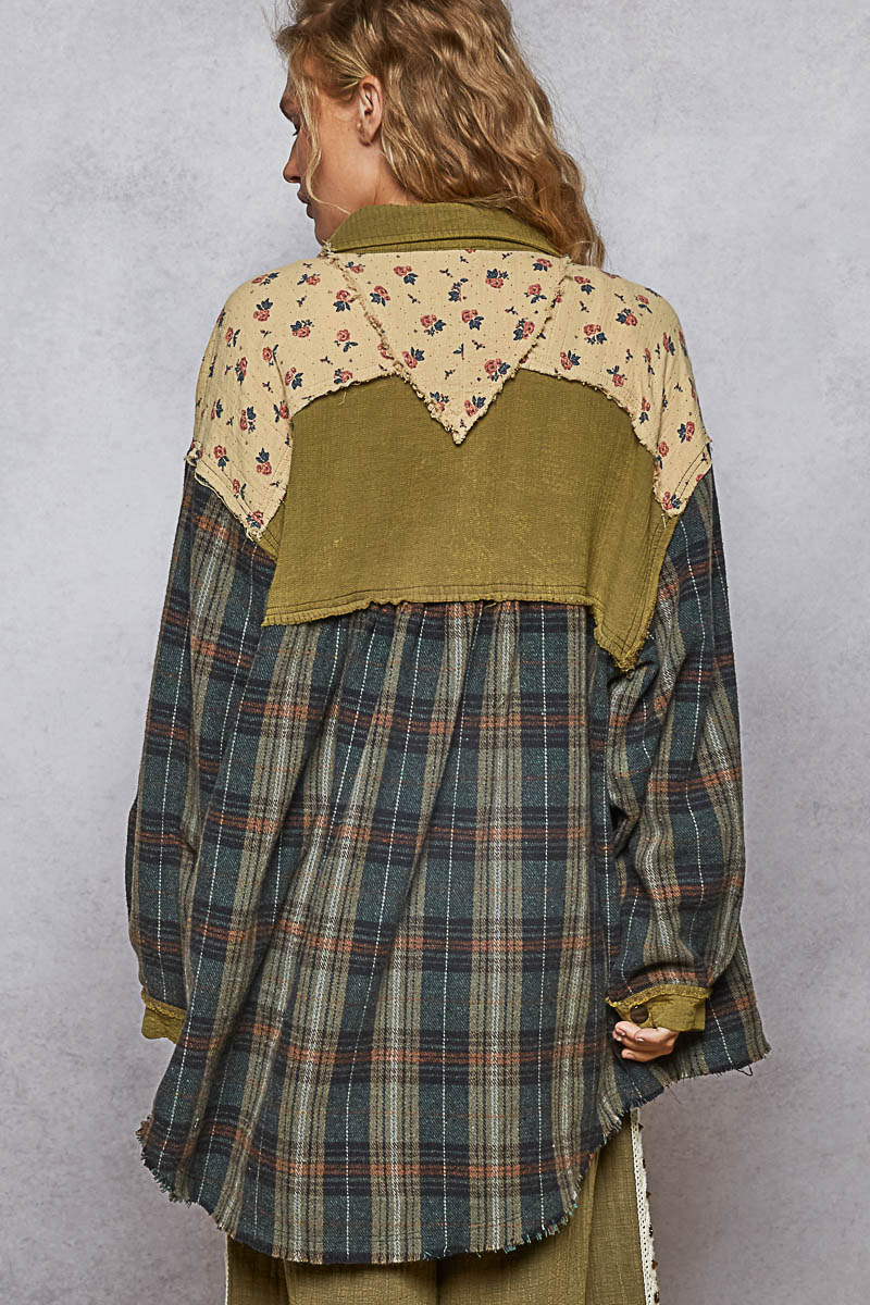 Olive multi patchwork shacket with plaid and floral double gauze panels in oversized relaxed fit