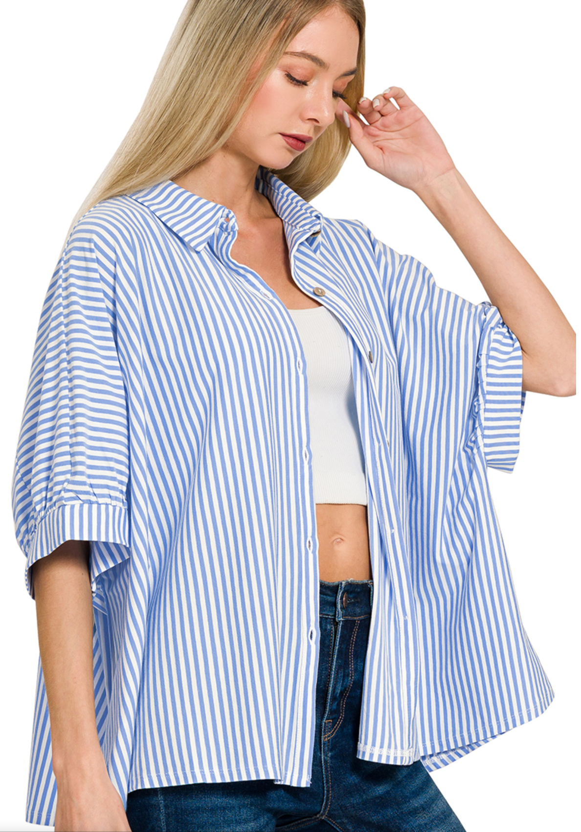 Cornflower blue oversized striped button down shirt with stretch knit fabric and relaxed fit
