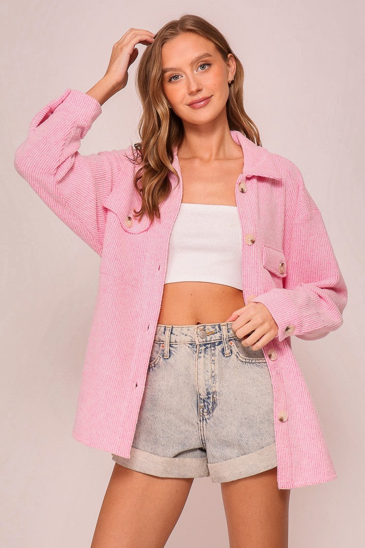 Frost Pink Ribbed Knit Shacket – soft ribbed knit button-up shacket from Frost Boutique in Wapakoneta, Ohio