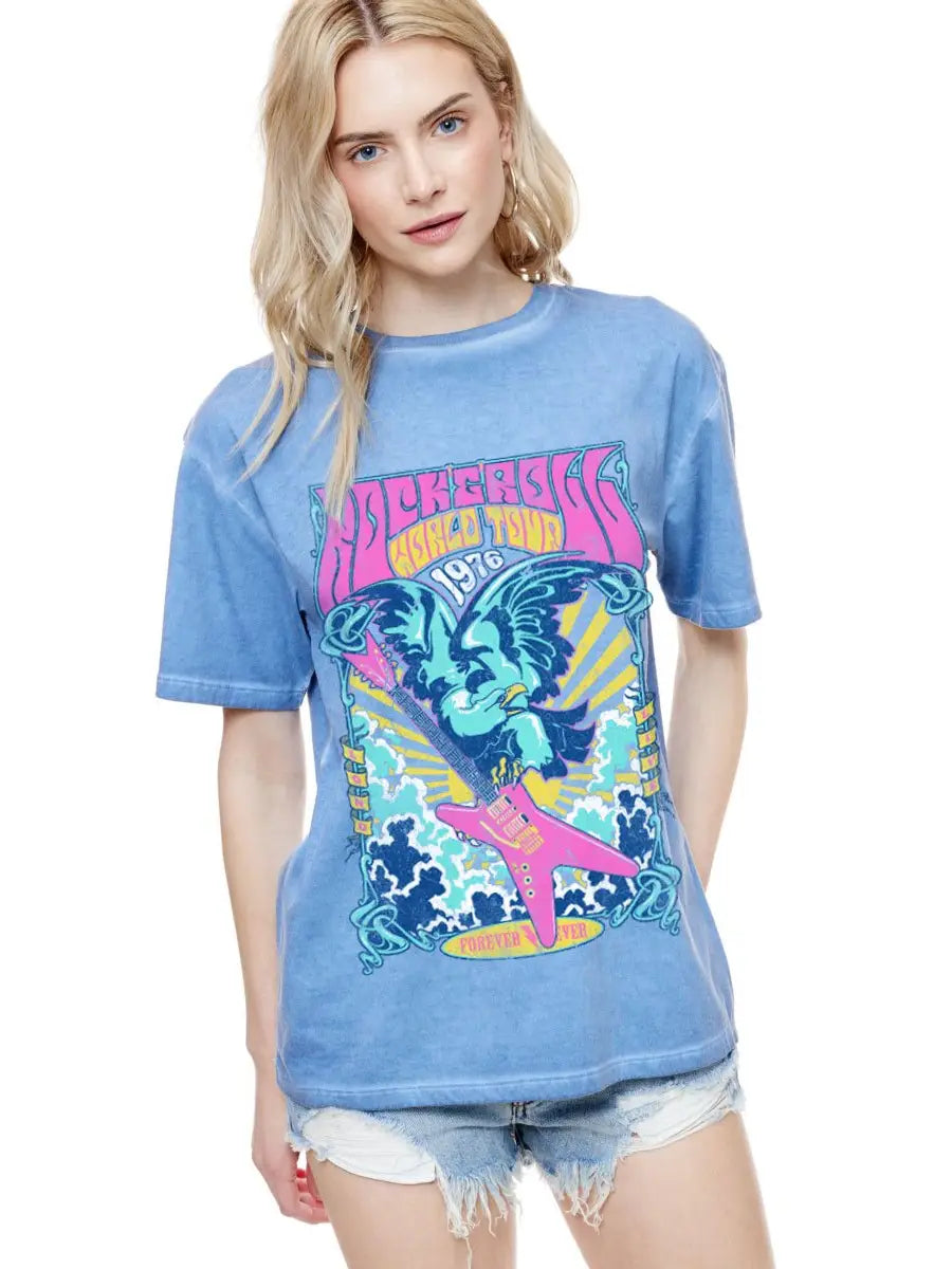 Blue lunar dyed graphic tee with Rock ’n’ Roll World Tour 1976 design and boxy boyfriend fit