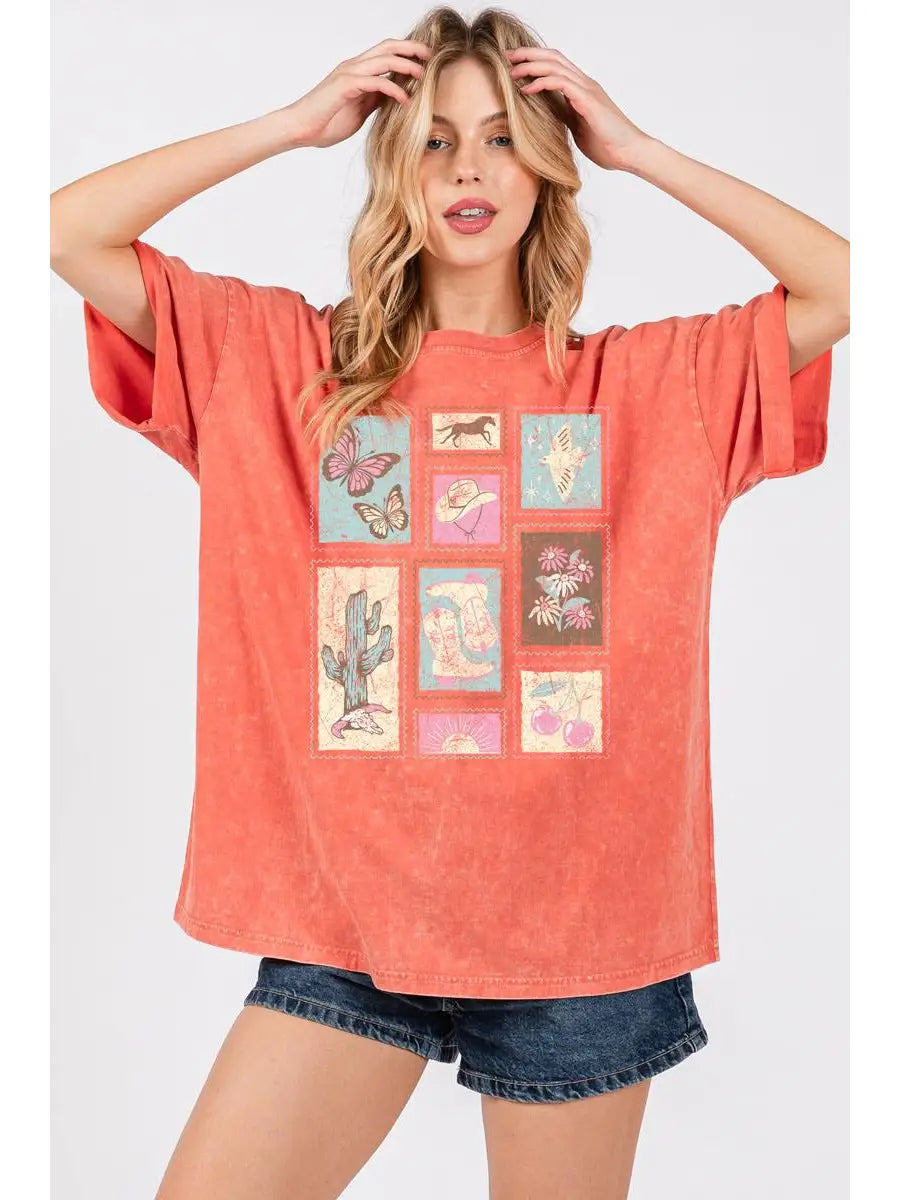 Orange mineral washed graphic tee with western elements stamp design and relaxed fit
