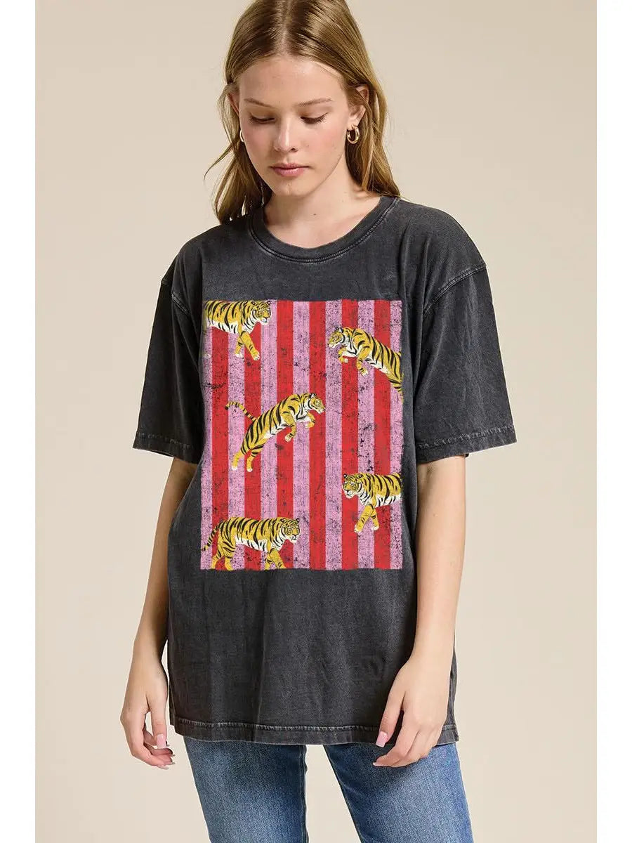 Black premium washed graphic tee with multi tiger design and relaxed fit