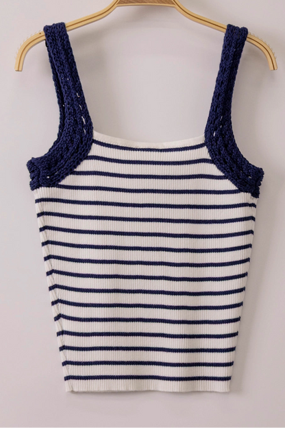 Striped knit tank top with crochet sleeve detail in fitted silhouette available in multiple colors