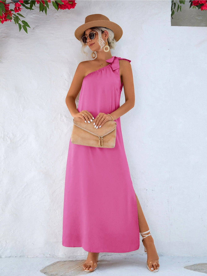 One Shoulder Slit Maxi Dress (Pink)