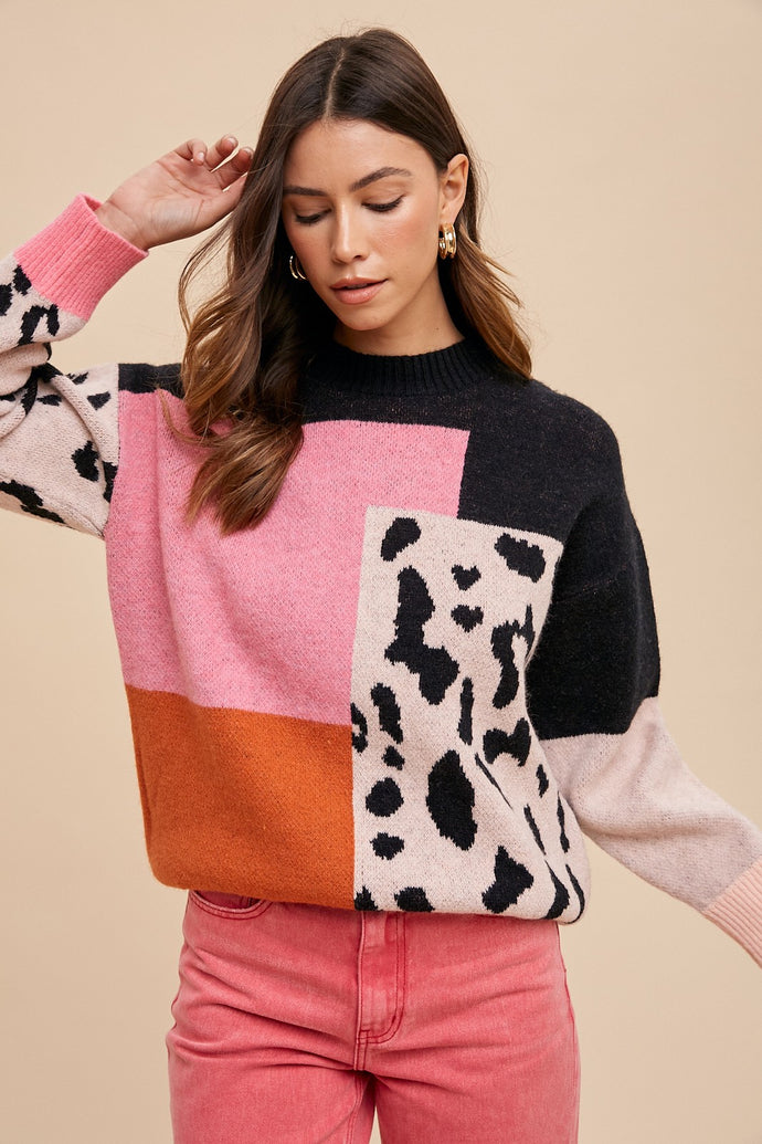 Leopard Color Block Sweater (Hot Pink Multi)