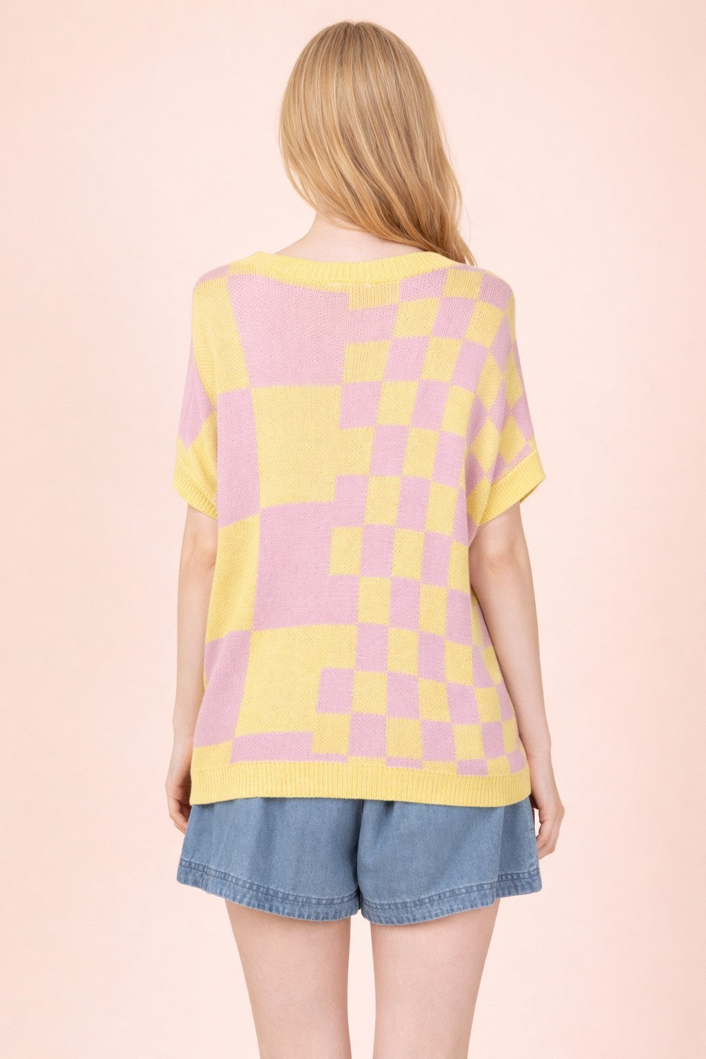 Yellow multi-color knit top with checkered pattern and soft textured fabric