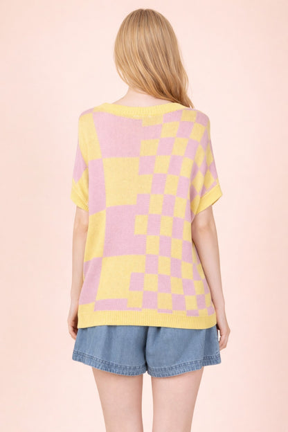 Yellow multi-color knit top with checkered pattern and soft textured fabric
